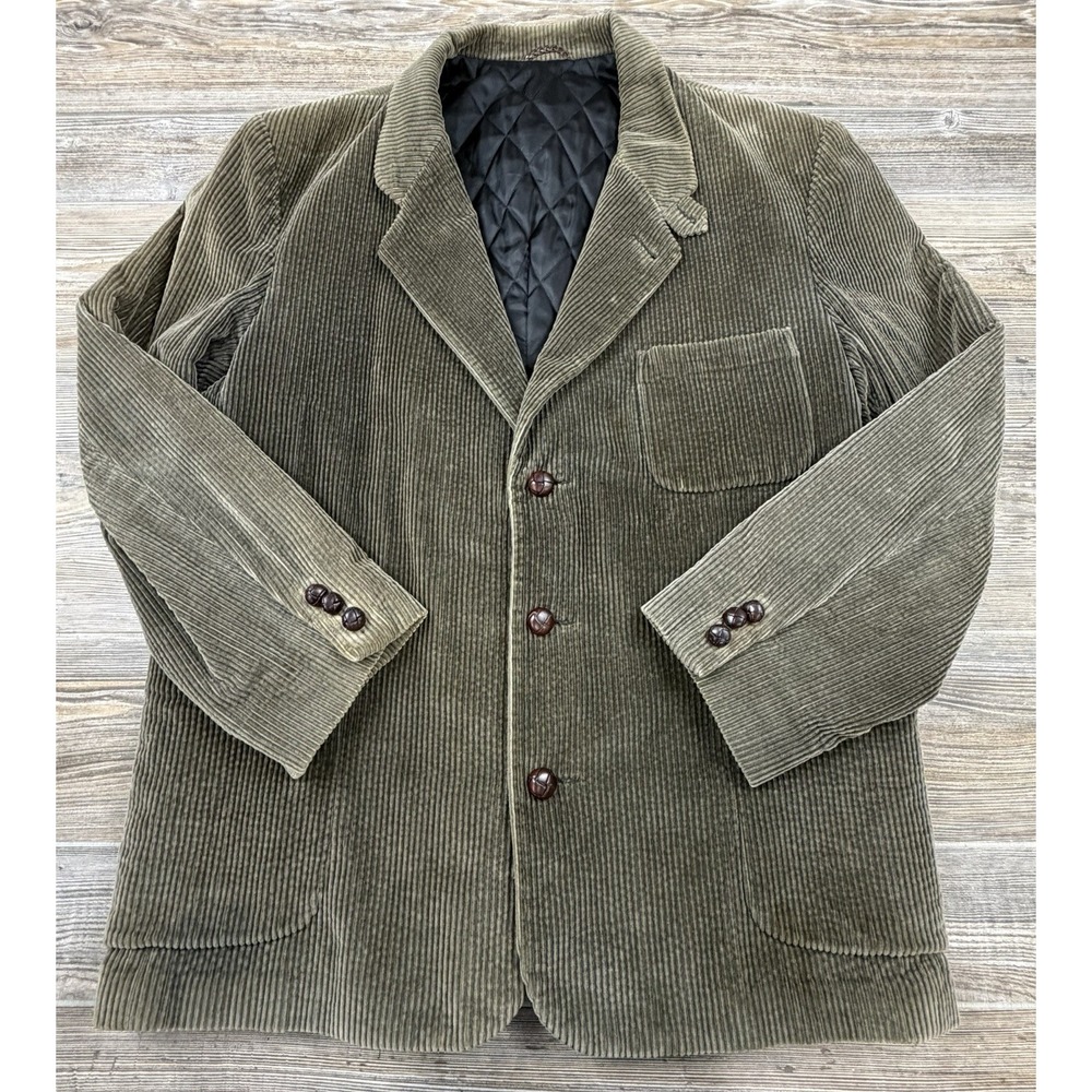 VTG L.L. Bean Corduroy Blazer L USA Quilt Lining Green 3 Button Sport Coat